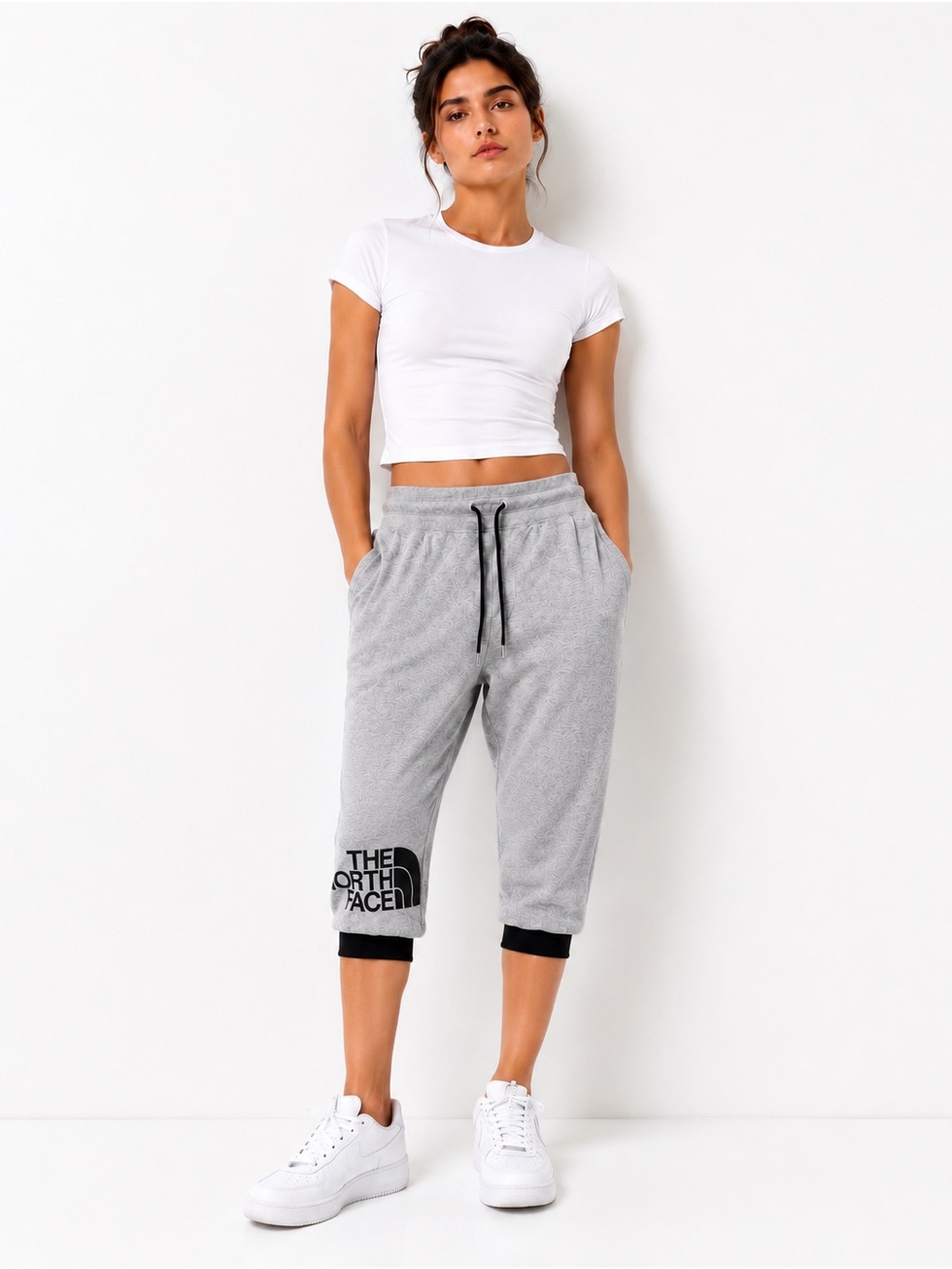 The North Face Light Gray Cropped Sweat Joggers with Black Cuffs